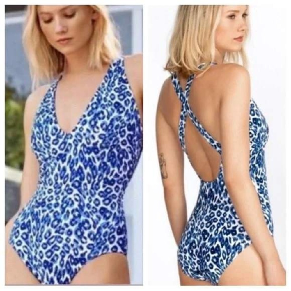 Calme Blue Leopard Print One Piece‎ Swimsuit Size XL Cross Back Padded NEW